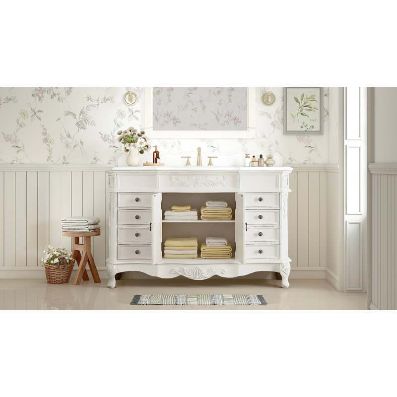 Benton Collection 56 Inch Traditional Freestanding Antique White Morton Bathroom Vanity, Single Sink, White Quartz Top, Fully Assembled