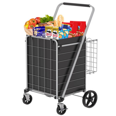 Large Shopping Cart With Brake,Grocery Cart On Wheels, Foldable Utility Shopping Carts With Double Basket And 360° Rolling Swivel Wheels For Groceries Laundry, Grey