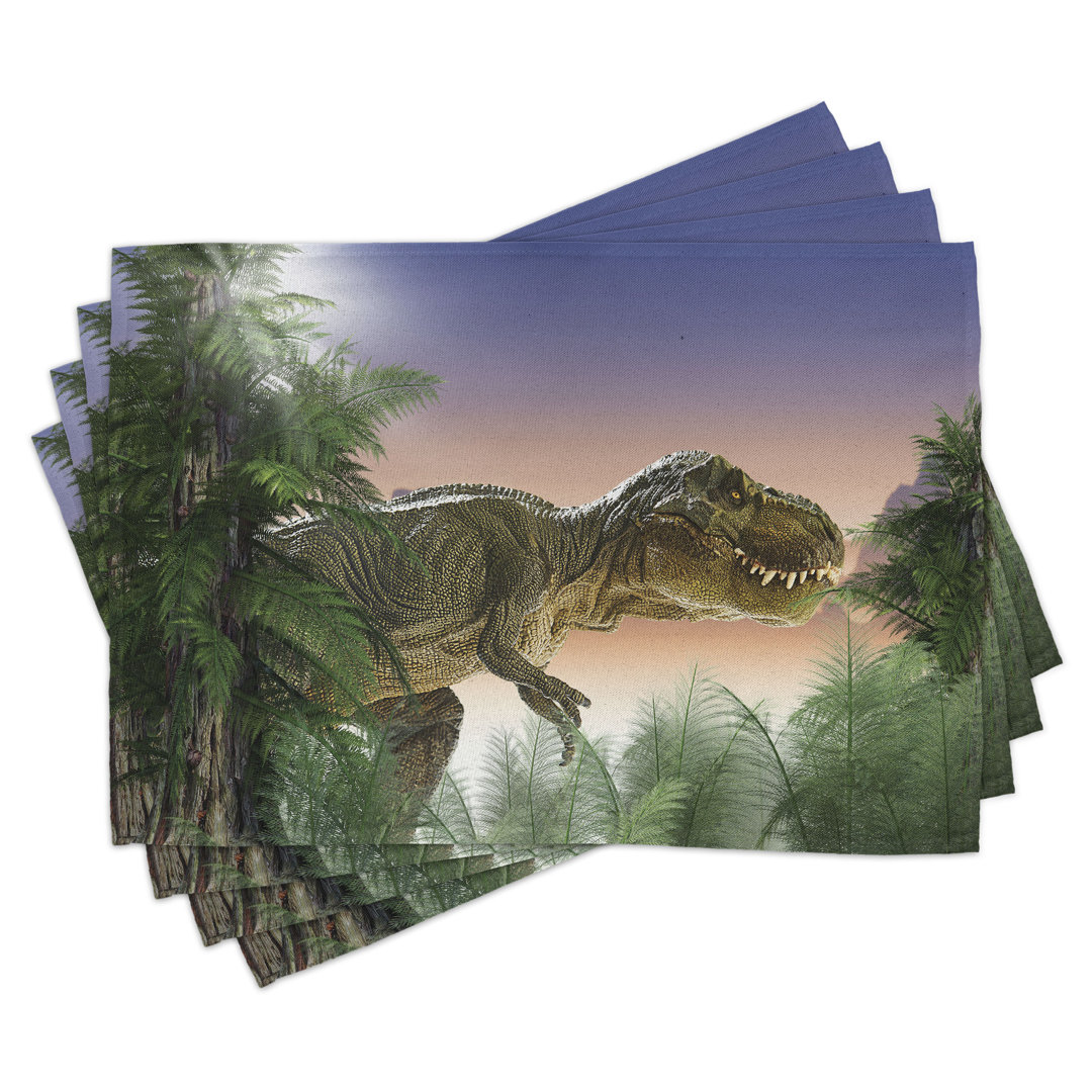 Platzdeckchen 4er Set, Dinosaurier im Dschungel, Grün Blau Pfirsich