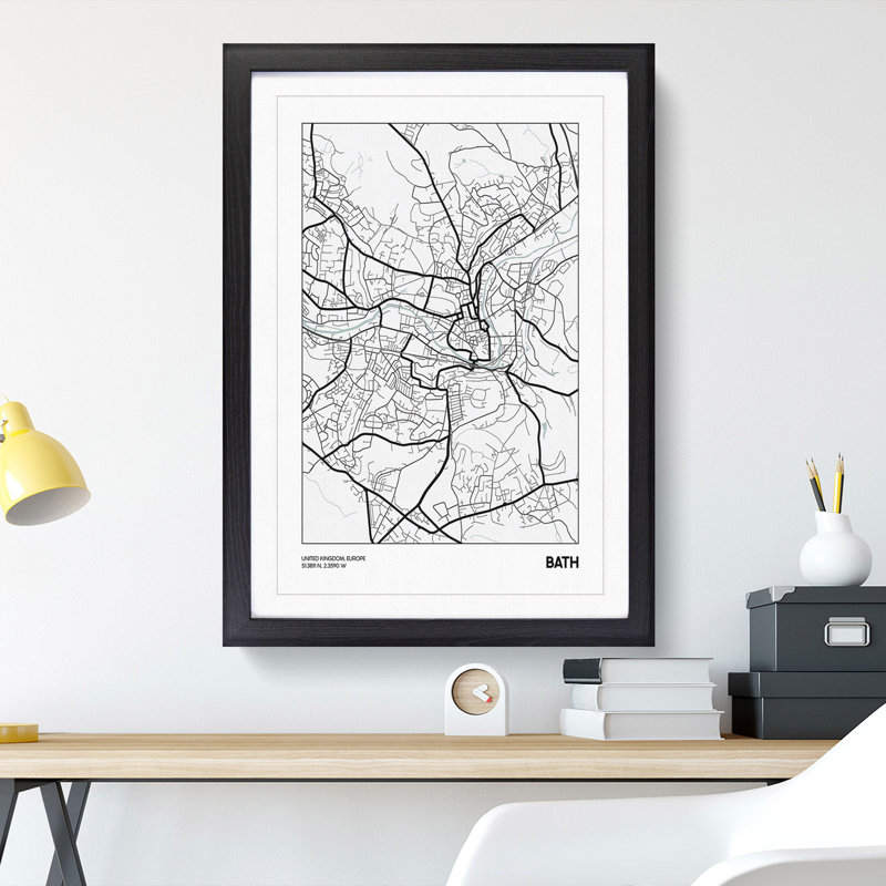 Map Bath UK - Picture Frame Graphic Art, 36cm H x 27cm W x 2cm D, Black Framed