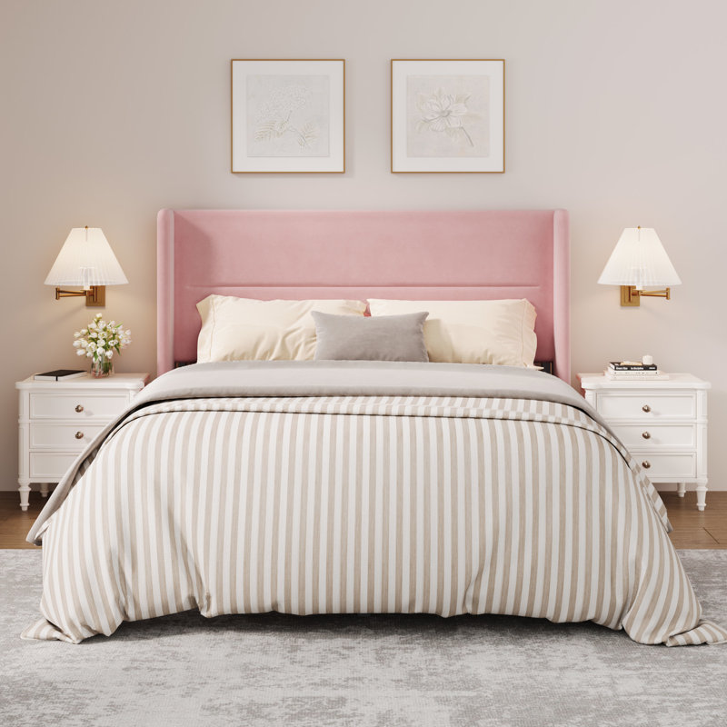 Structure de lit double en velours avec tête de lit à oreilles, cadre de lit tapissier avec lattes de bois, aucun sommier requis, assemblage facile, rose