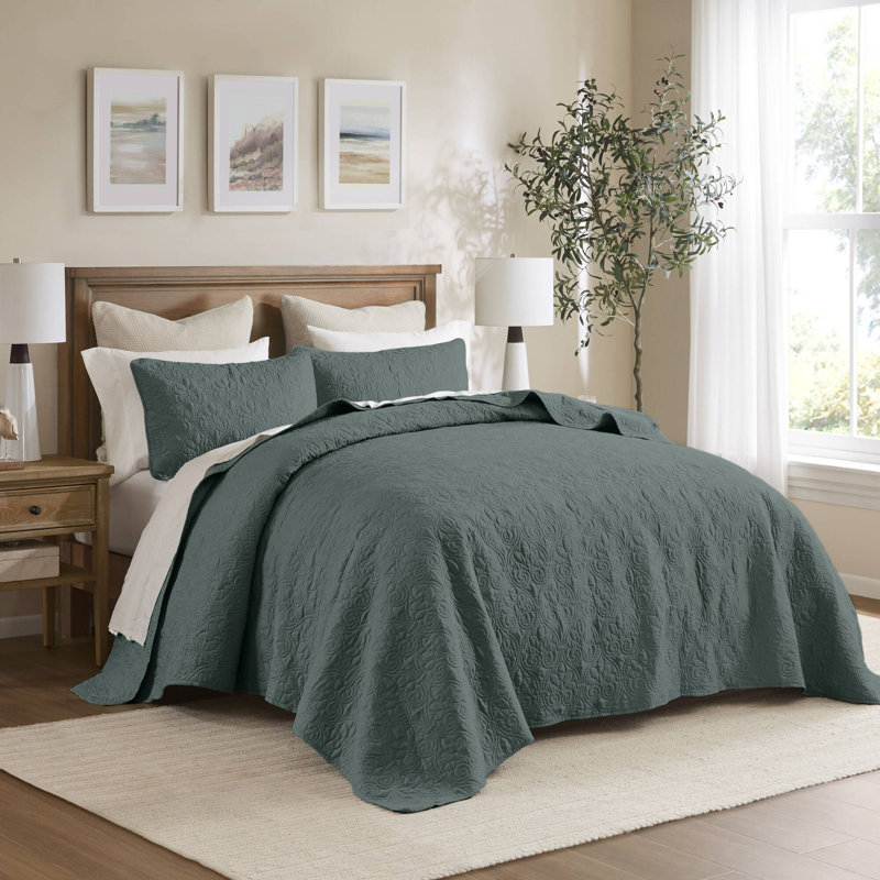 Ensemble de couvre-lit réversible Québec, Couvre-lit de très grande taille et 2 taies déco, Vert baume