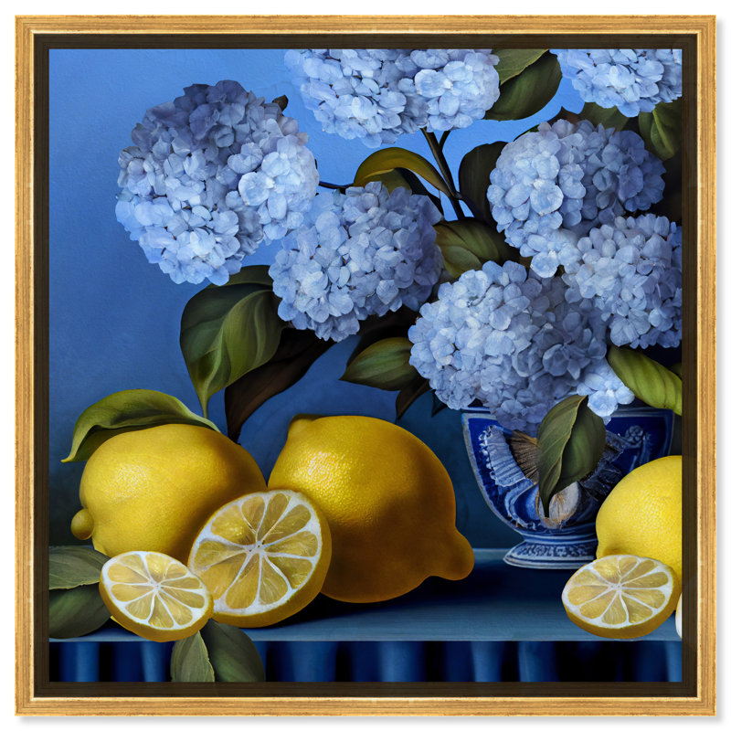 Vase hydrangées et citrons - impression, Impression encadrée, H 31,5 po x l 31,5 po, Doré