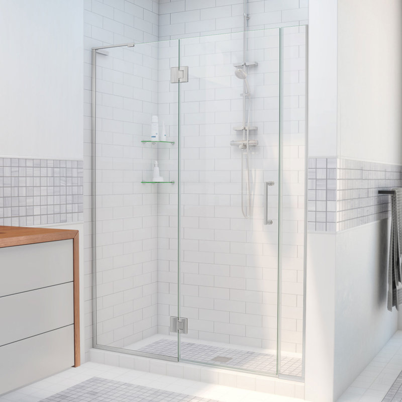 DreamLine Unidoor-X 56.5 - 57 inch W x 72 inch H Frameless Hinged Shower Door in Brushed Nickel - Right Wall Installation