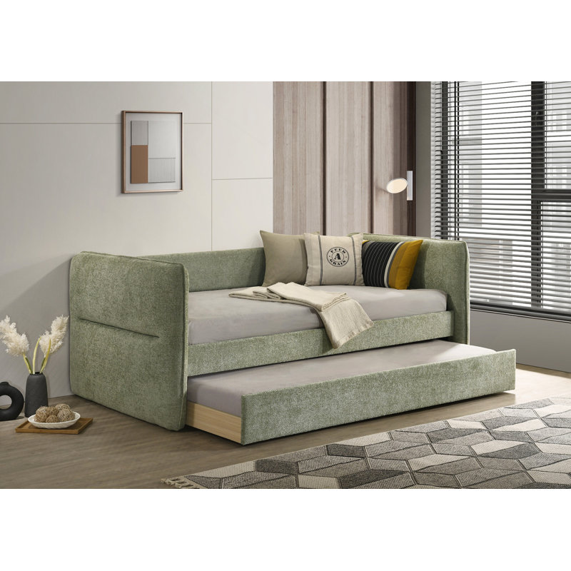 1Pc Daybed Pull Out Trundle Button Tufted Nailhead Trim Bedroom Living Room Furniture, Light Green
