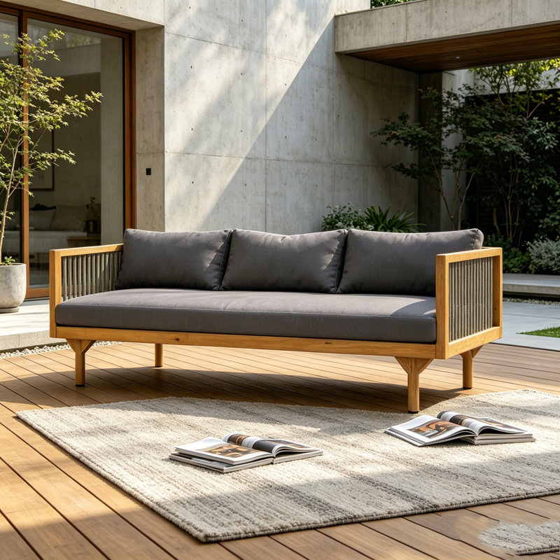 Outdoor Patio Sofa with Cushion, Grey+Teak