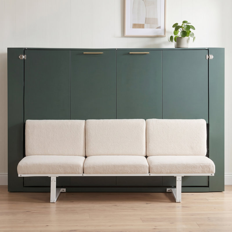 Lit escamotable double avec canapé intégré, lit mural avec 4 tablettes de rangement et station de recharge USB, panneau vert + canapé beige