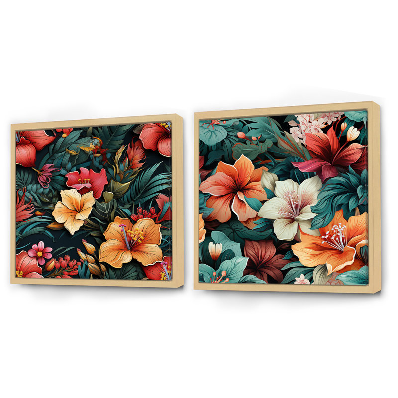 Ensemble de 2 motifs tropicaux à motif tropical - collage floral carré, Cadre flottant brun, H 36 po x l 73 po