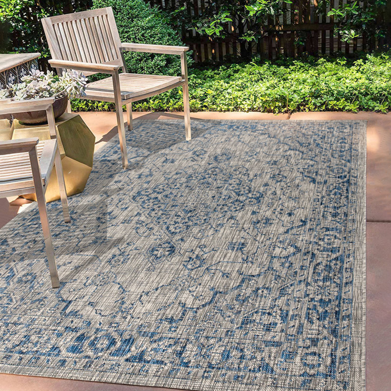 Nate Boho Medallion Textured Weave Gray/Navy Indoor/Outdoor Rug, Rectangle 7'9" x 10'