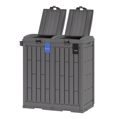 60 Gallon Dual Outdoor Trash Can With Lid Modern Outside Double Garbage Bin Waterproof PP Resin Garbage Bin With Ashtray & Removable Tray Waste Can For Waste Sorting Garden Backyard Balcony Patio