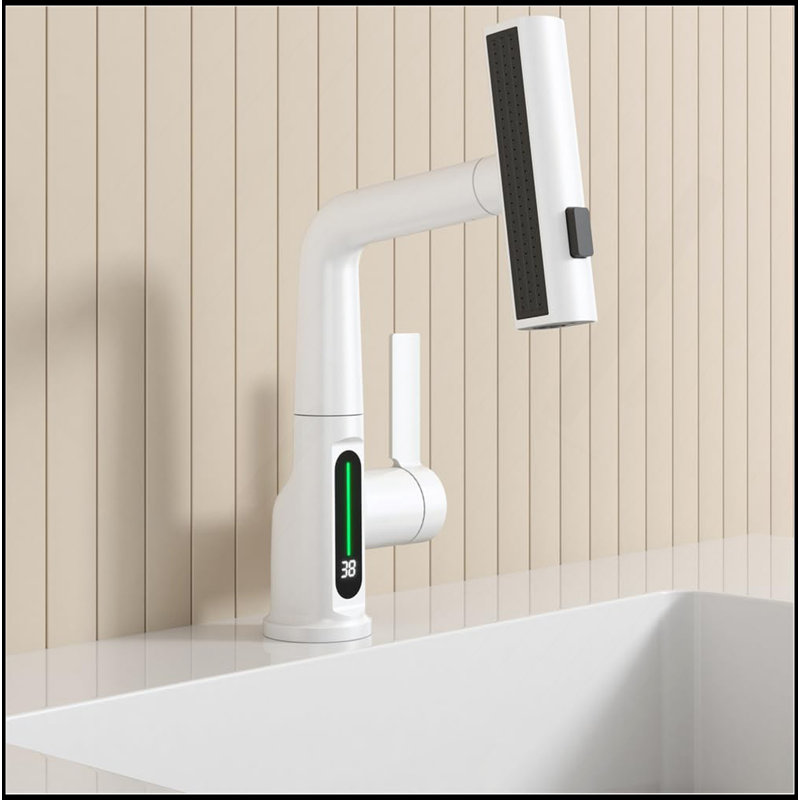 Robinet de lavabo de salle de bain à affichage numérique à DEL escamotable, robinet de lavabo rotatif cascade rotatif 360 ° à poignée simple 3-en-1 avec hauteur réglable - blanc