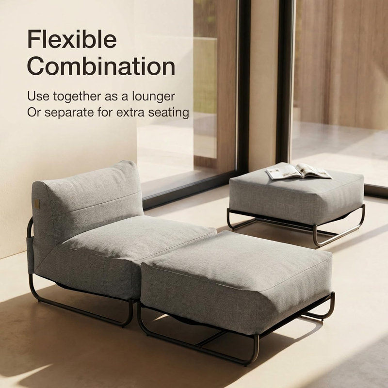 Outdoor Lounge Chair with Ottoman, Metal Frame Patio Chair Set, Drak Gray
