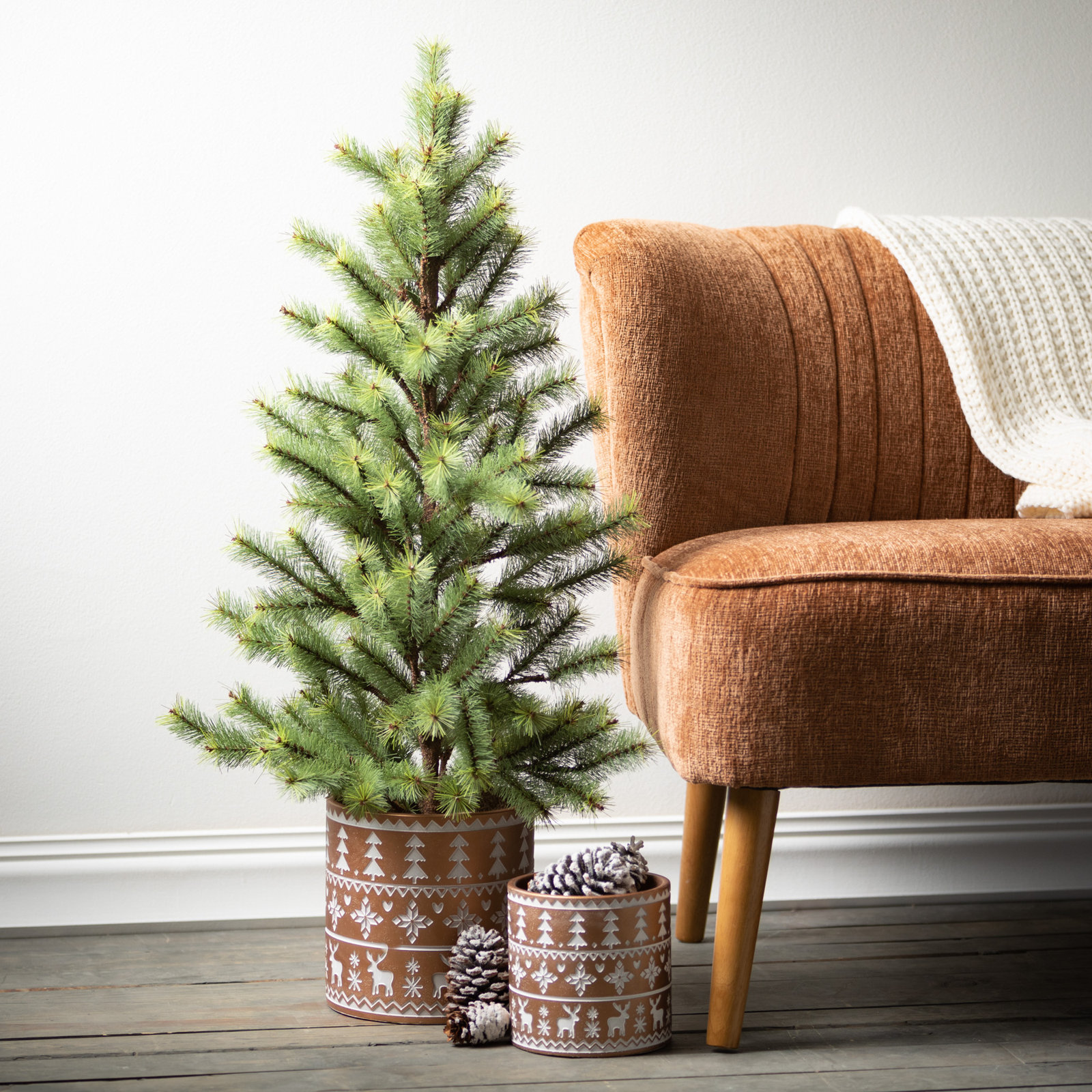 Shultz Faux Pine Tree in Wicker/Rattan Pot, 36.5" H x 17.5" W x 17.5" D