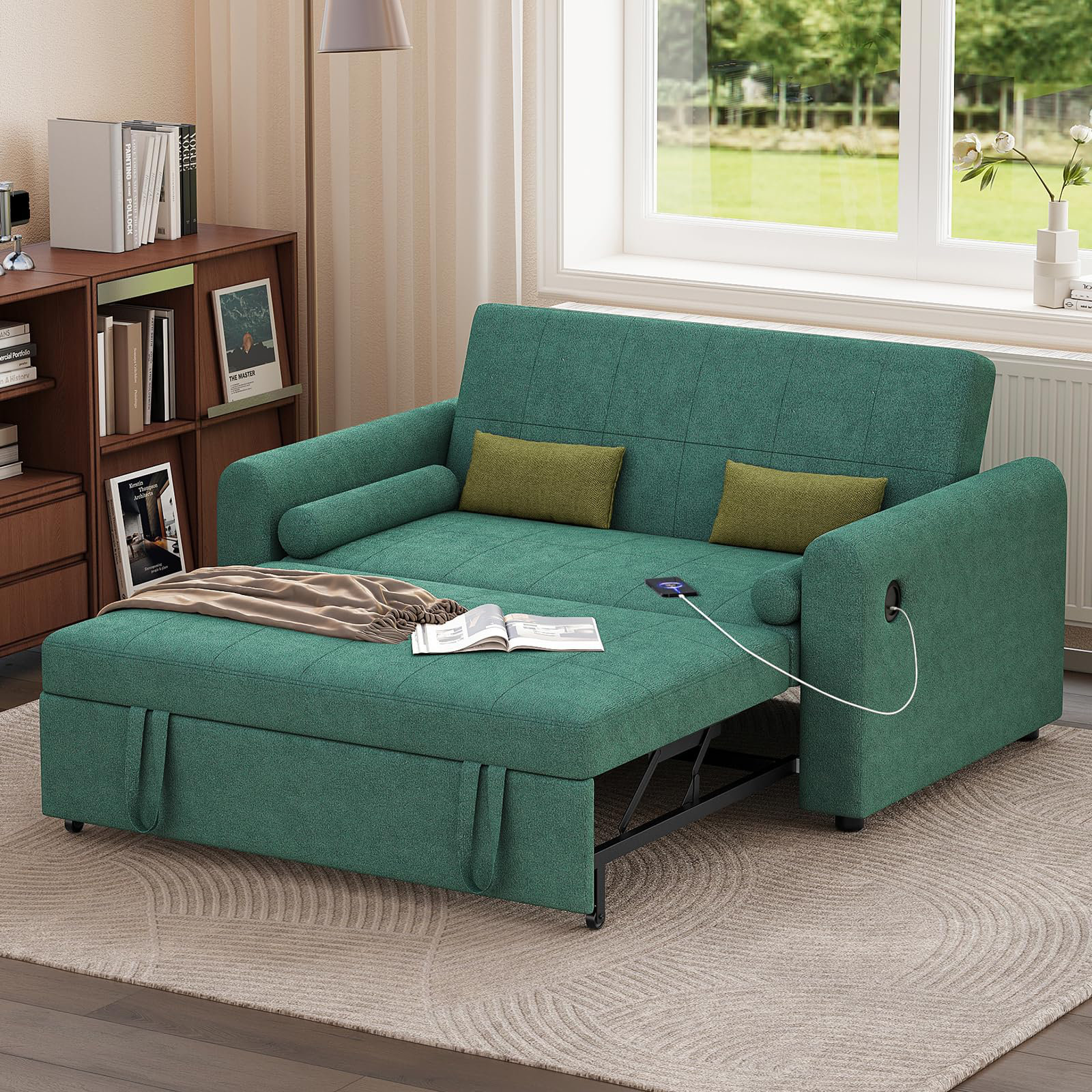 17 Stories 2 Seater Sofa Bed, 3-in-1 Convertible Fabric Pull Out Sleeper Sofa With 3-position Adjustable Backrest, Side Pockets And Usb For Living Room, Guest Room | Wayfair.co.uk