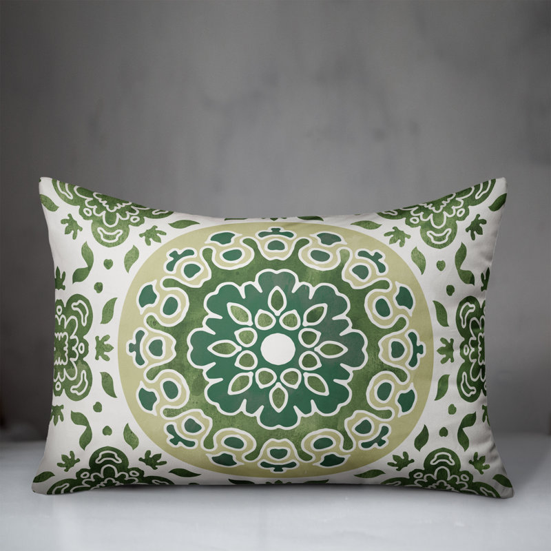 Outdoor Reversible Throw Pillow, Green, Floral 1