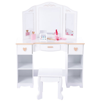 Kids Vanity Set with Mirror, Drawers & Stool – Pretend Makeup Table with Wooden Beauty Toys & Storage Organizer