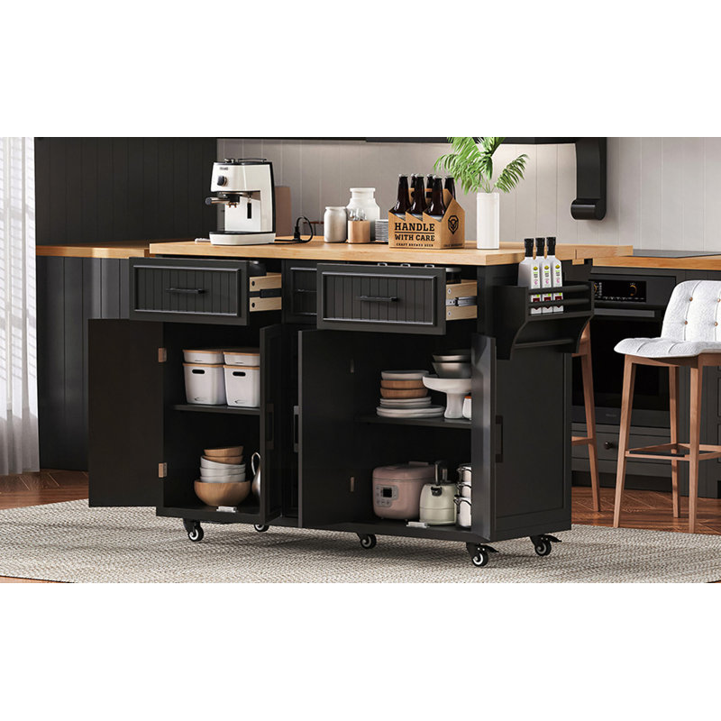 56.5" Kitchen Island with Drop Leaf, Power Outlet, Embossed Vertical Stripe Rolling Kitchen Cart on Wheels with 4 Doors , 5 Deep Drawers and Adjustable Shelves, for Kitchen, Dining Room