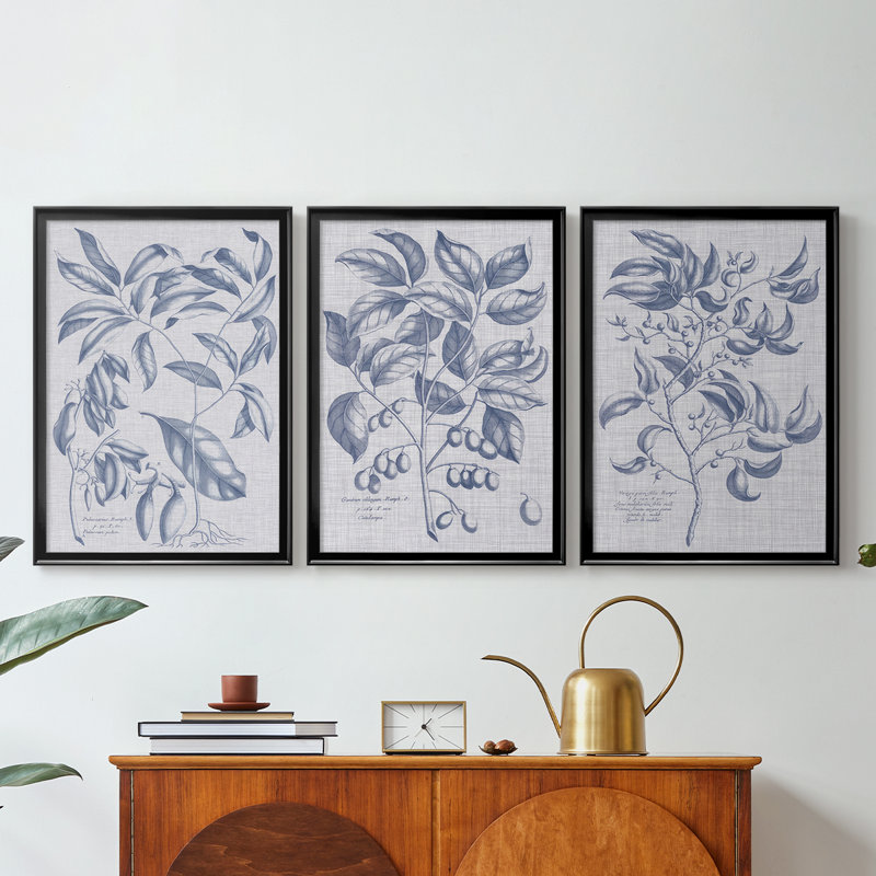 Marine et lin botanique I - Toile tendue avec châssis sur mesure - 3 pièces, Noir, H 19 po x l 27 po