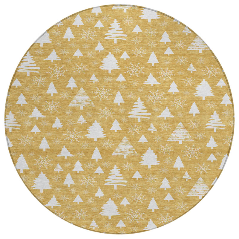 Tapis d'intérieur/extérieur rond 8' or et ivoire à motif flocon de neige, lavable