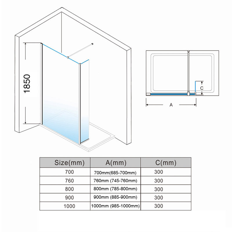 Ohlson Rectangular Shower Enclosure, 185 H x 140 W x 80 D