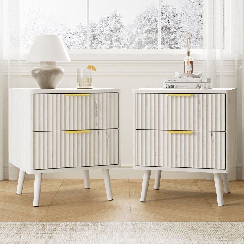 Fluted Nightstand With Curved Profile Design, 2-Drawer End Table, Bedside Table For Bedroom, Living Room, White