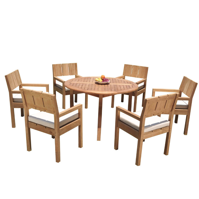 5 Seats 6 Pcs Grade-A Teak Wood Dining Set: 48" Round Table And 5 Veranda Arm Chairs #01Vr0206, 30.5" H x 48" L x 48" W, 6
