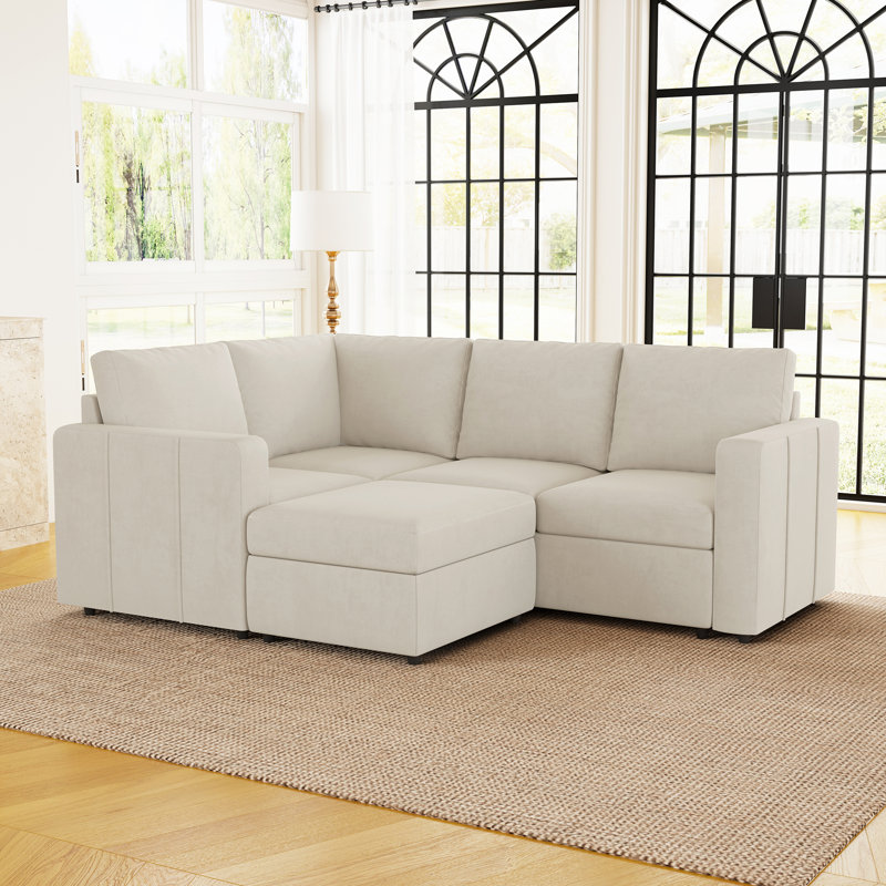 Canapé de rangement modulaire en L Aubade avec repose-pieds amovible, Velours beige