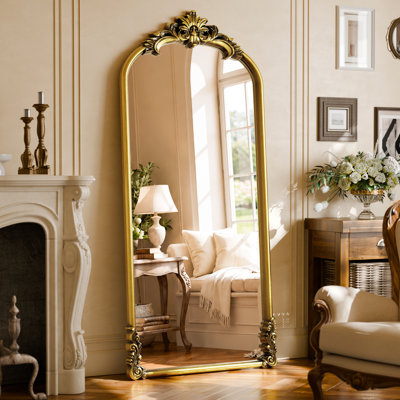 Miroir arqué pleine longueur avec cadre en polyuréthane orné, miroir décoratif pour plancher et mur pour chambre à coucher, vestibule, salon
