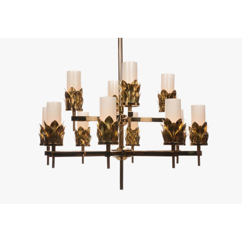 Lustre 22 lumières, Laiton poli, Transparent avec grains, H 40 po x l 47 po x P 47 po