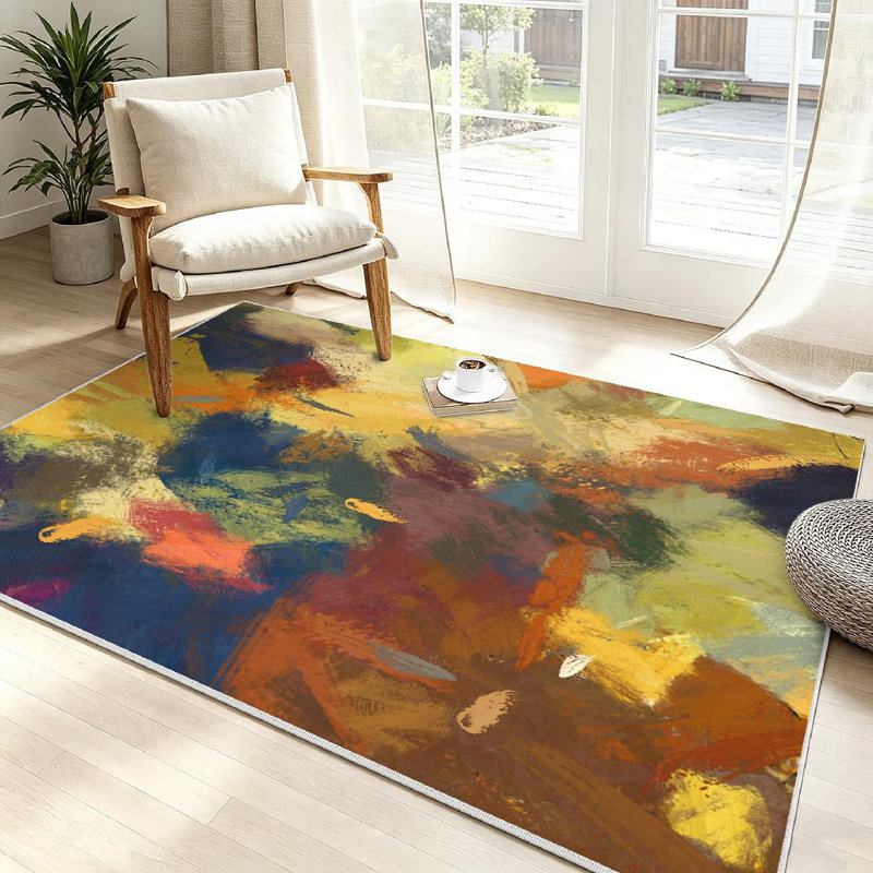 Brown Art Abstract Colors Orange Green Blue Painting Surface Machine Washable Indoor Area Rug, Rectangle 39" x 63"