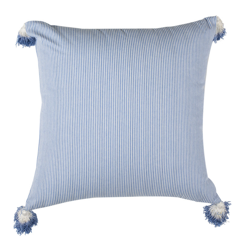 Blue and White Square Embroidered Decorative Pillow with Tassels