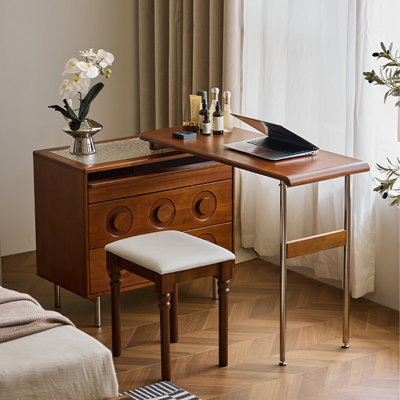 Coiffeuse extensible de style milieu du siècle en bois d'hévéa massif brun avec meuble à tiroirs