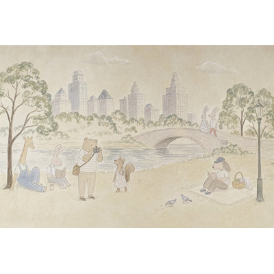 Aquarelle, parc, papier peint, horizon de la ville, histoire amovible, décoration murale, animaux