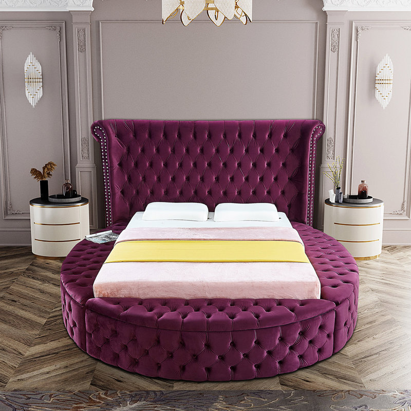 Lit plateforme tapissier avec rangement capitonné Dorgan, Double, Velours mauve