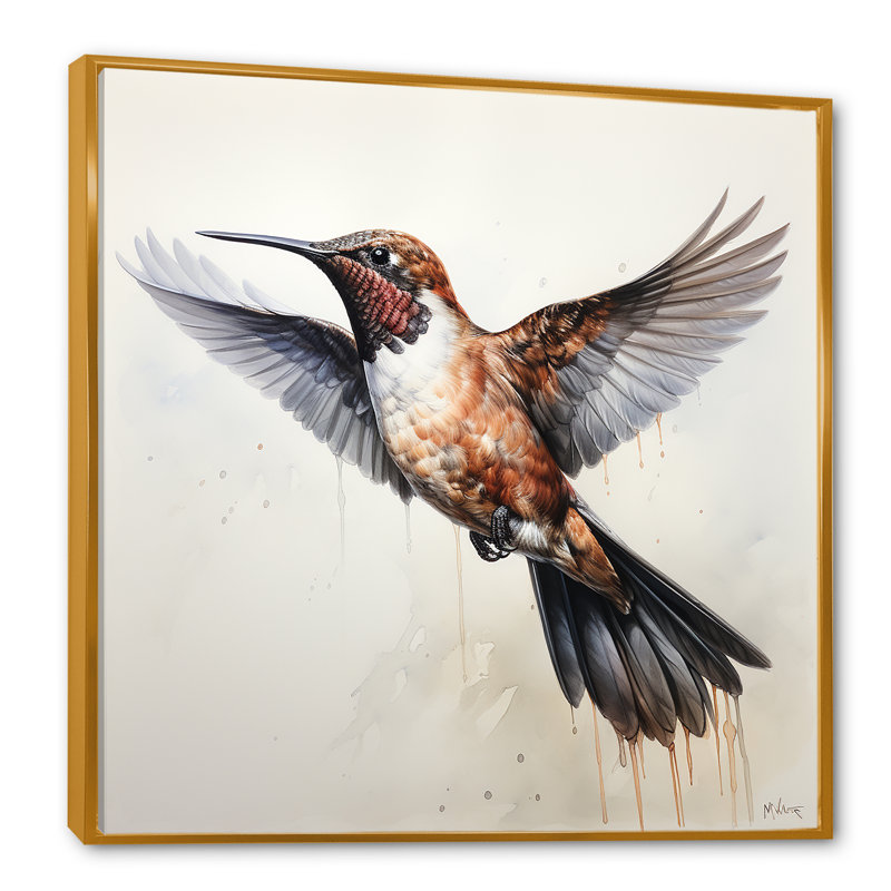 «Brown Crimson Crêted Hummingbird II», art mural colibri, Cadre flottant doré, H 16 po x l 16 po x P 1 po