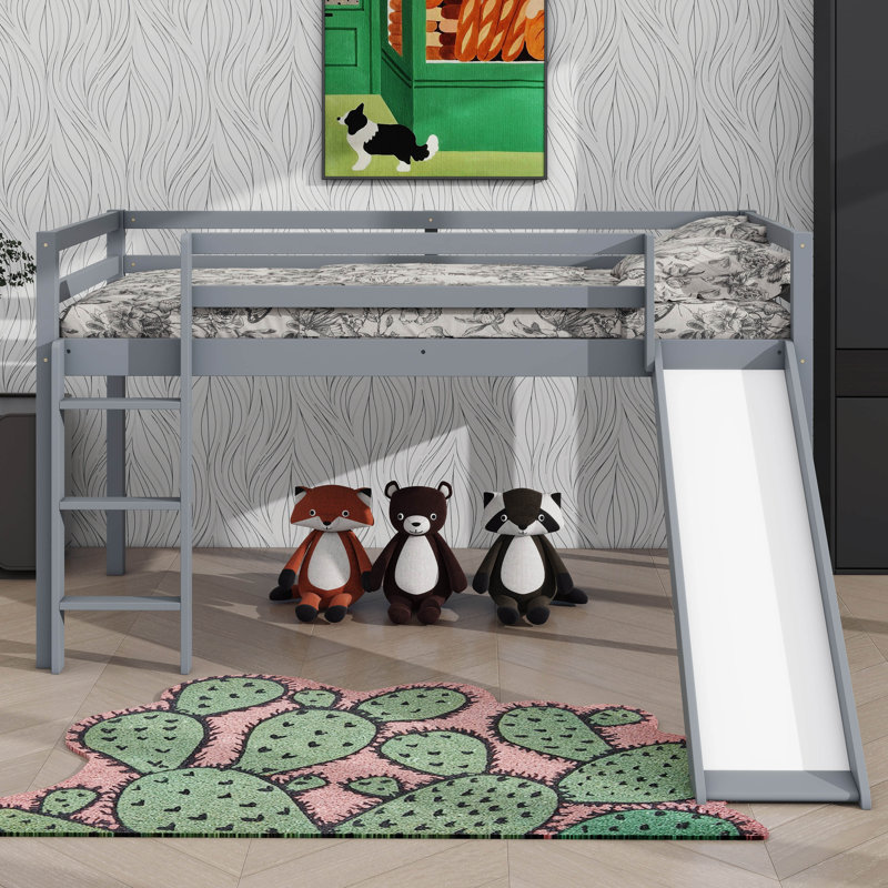 Twin Raised Bed With Ladder & Slide, Loft Beds Incorporating Safety Guardrails, Gray