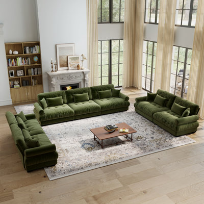 3-Piece Velvet 7-Seat Living Room Set with Deep Cushions, Bolster Arms and Accent Pillows, Olive Green