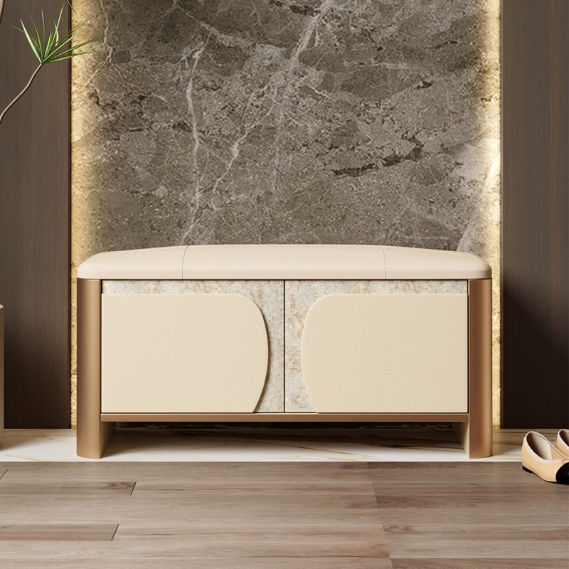 Banc à chaussures de rangement en bois massif doré et crème, 39,37 po, style luxueux, pour la maison