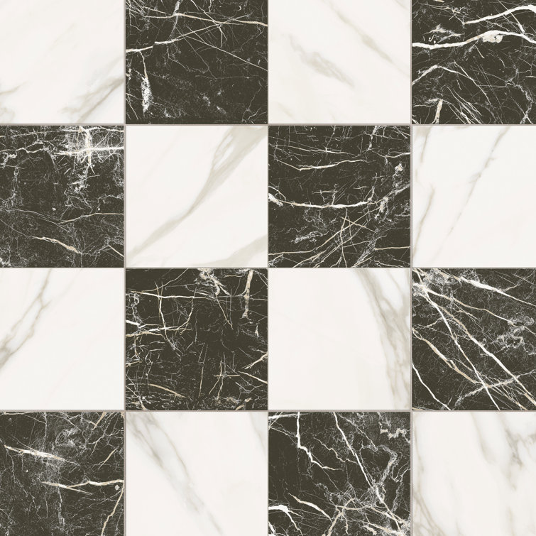 black and white checkered tile marble-look floor
