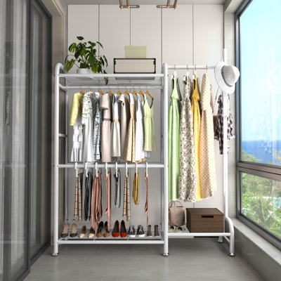 72.83'' Tall Black White Metal Portable Clothing Rack with Hanging Rods and Shelves