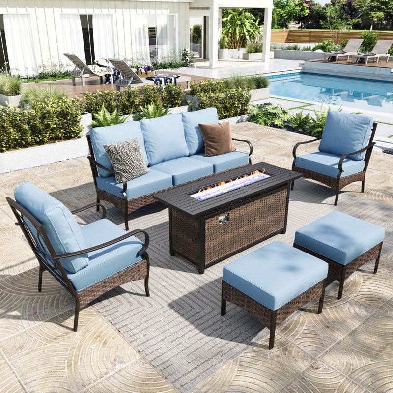 5-Person Outdoor Patio Conversation Set With Fire Pit Table, 7 Pcs: Fire Pit, 2 Ottomans, 2 Chairs, Sofa, Table, Blue