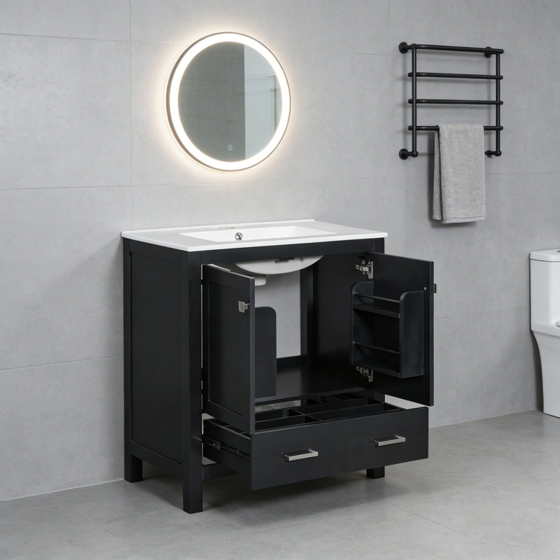 Meuble-lavabo de salle de bain avec lavabo simple, 2 portes et un tiroir, Noir