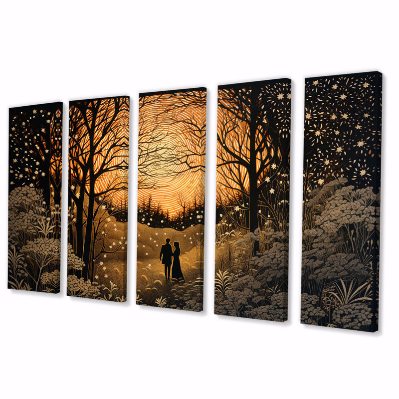 «Countryside Romance Magical Full Moon Trees II», reproduction sur toile forêt - 5 panneaux égaux