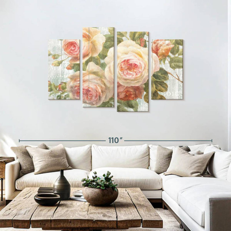 Roses Harnek rétro sur bois flottant, H 48 po x l 75 po