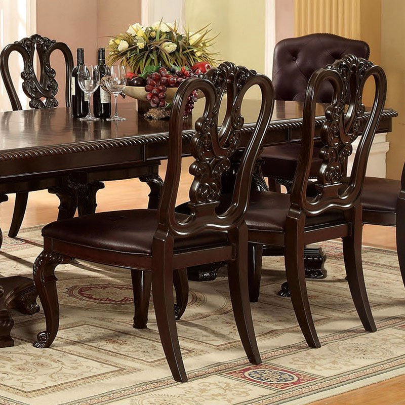 Solid Wood Side Chairs   Of 2  - Dark Brown Seat, Intricate Back Design, Cherry Finish Luxury Traditional Dining 2 In With Soft Padded Seat And