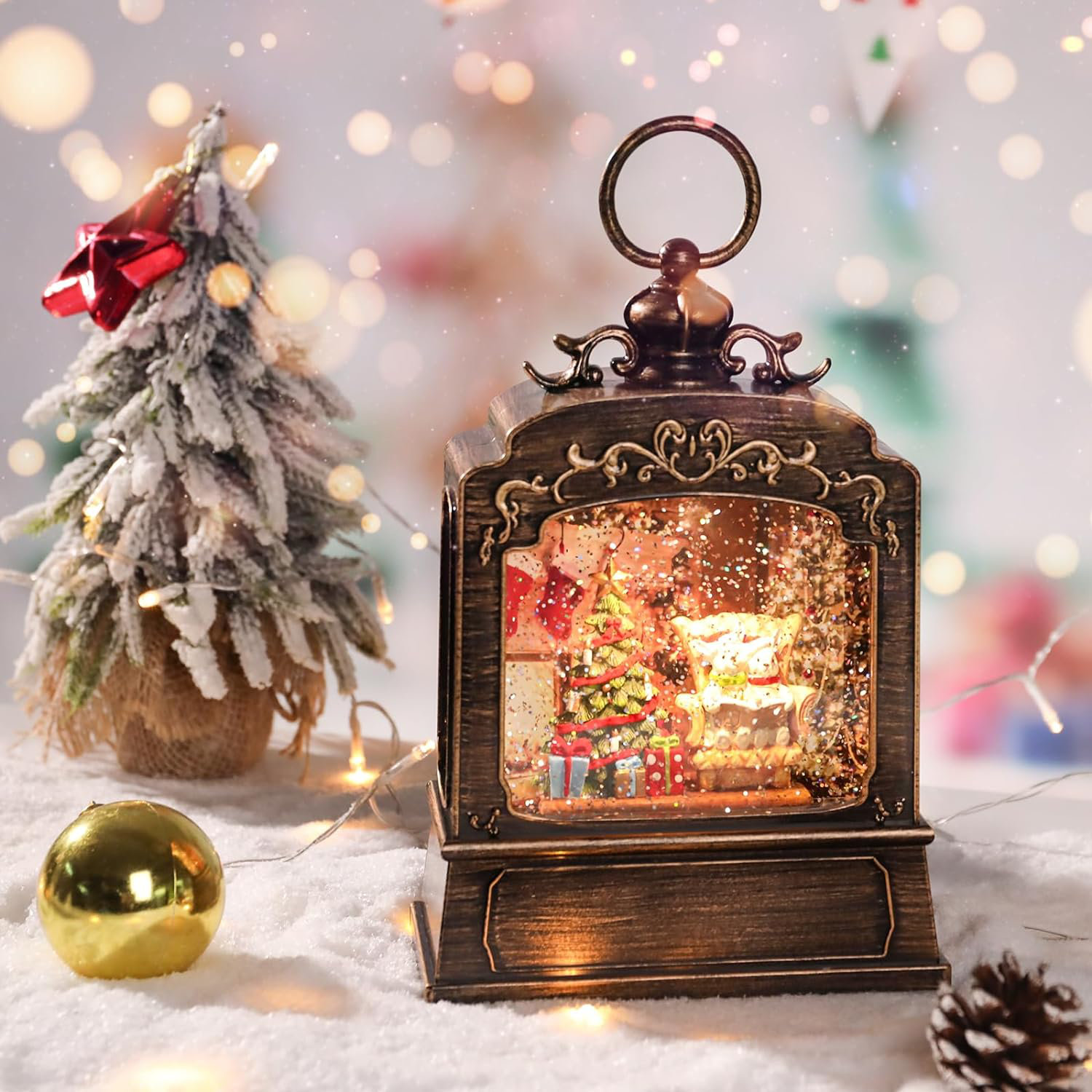 Pre-Lit Battery Operated Glitter Snow Globe Christmas Lantern Holiday  Decoration w/ Santa Claus 