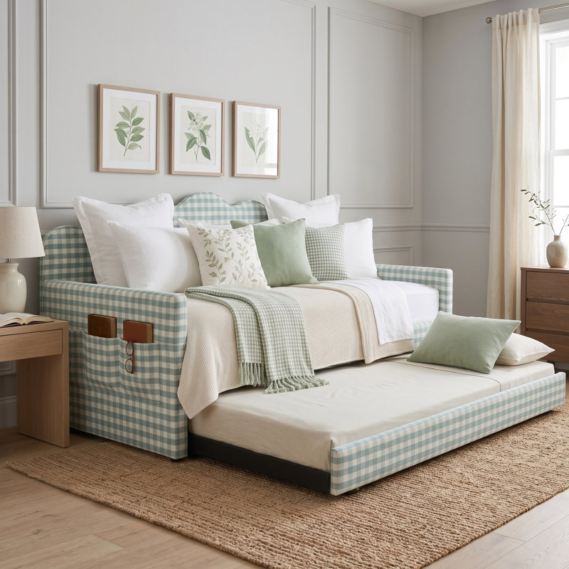 Lit de jour classique rembourré en bois massif avec lit gigogne convertible en bois massif pour chambre d'amis Gingham Classic
