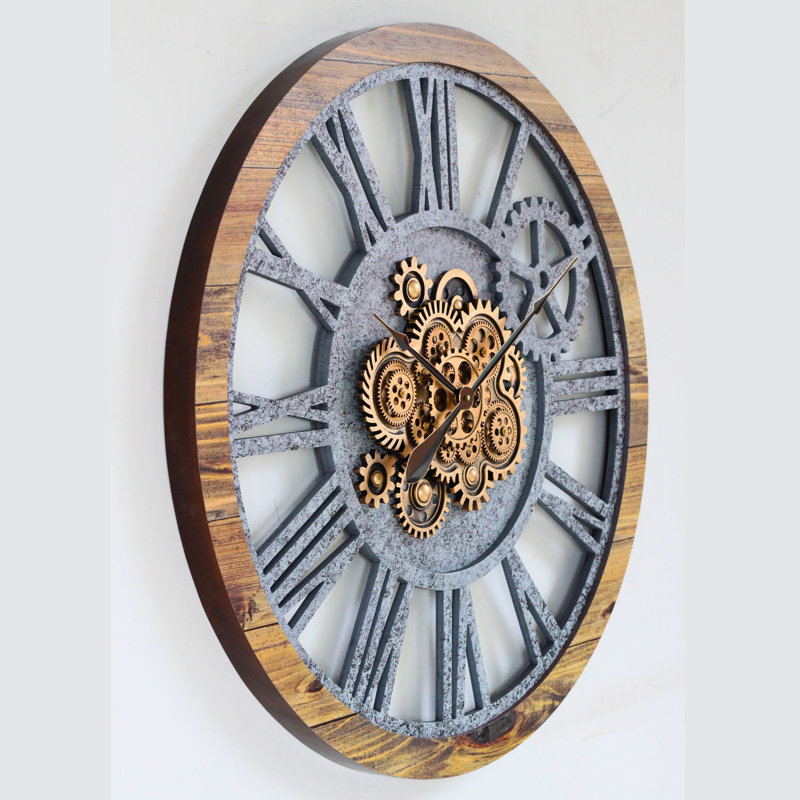 Oversized Brown and Gray Wood Industrial Wall Clock with Moving Gears