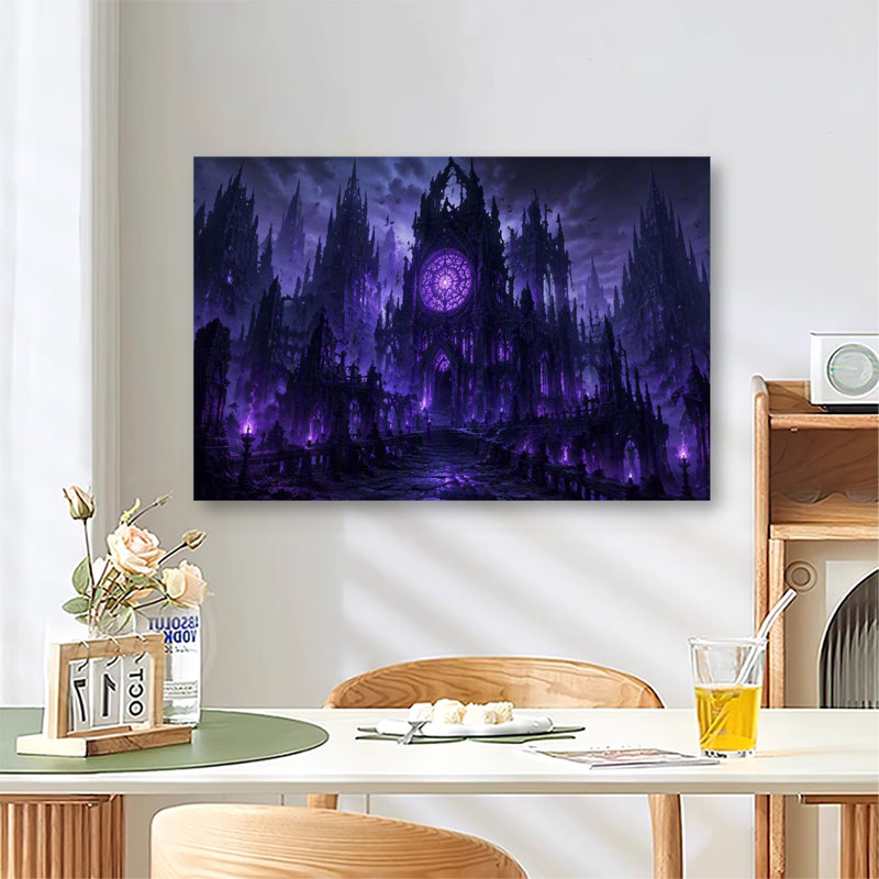 Château gothique sombre avec vitraux violets lumineux - Toile murale fantastique et effrayante pour l'Halloween, 20x24in