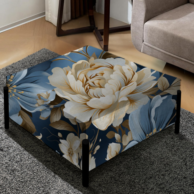 Motif floral bleu rétro Finesse - grand repose-pieds carré floral